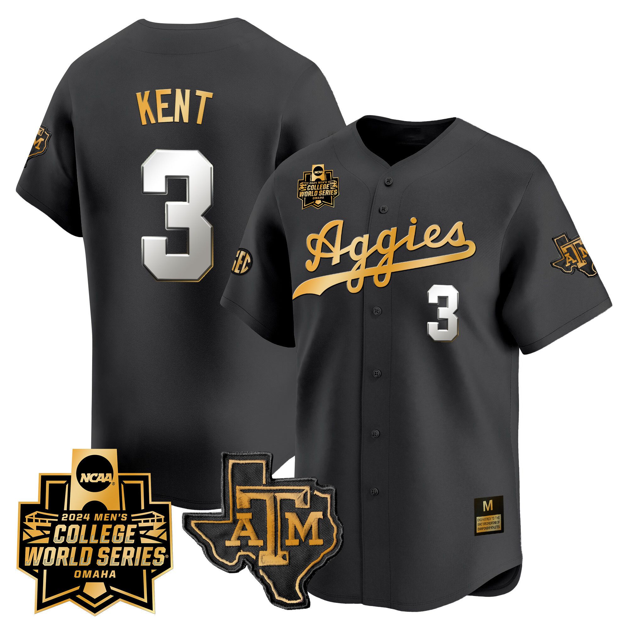 Men Texas A&M Aggies #3 Kent Black 2024 College World Series Vapor Premier Limited NCAA Jersey